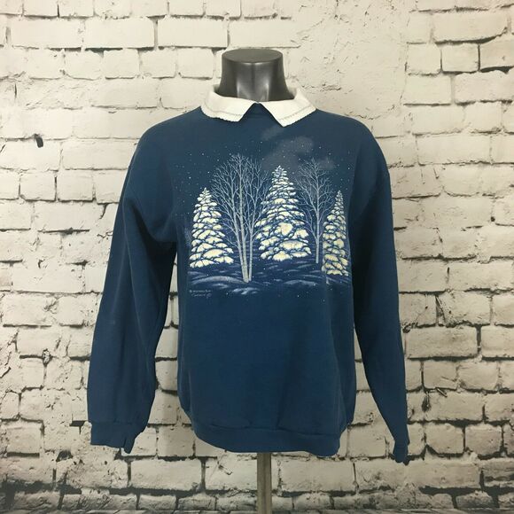 Vintage Morning Sun Women's Sweatshirt Cottage Core Winter Blue Collared Medium - Picture 2 of 7